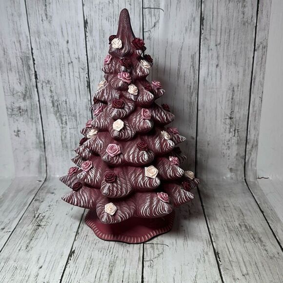 Gorgeous Burgundy Handmade Hand Crafted Christmas tree Accented with Roses 11” - Picture 4 of 8